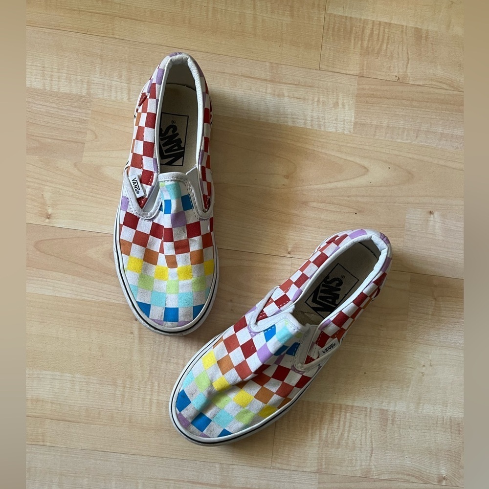 Vans rainbow checkered slip on shoes